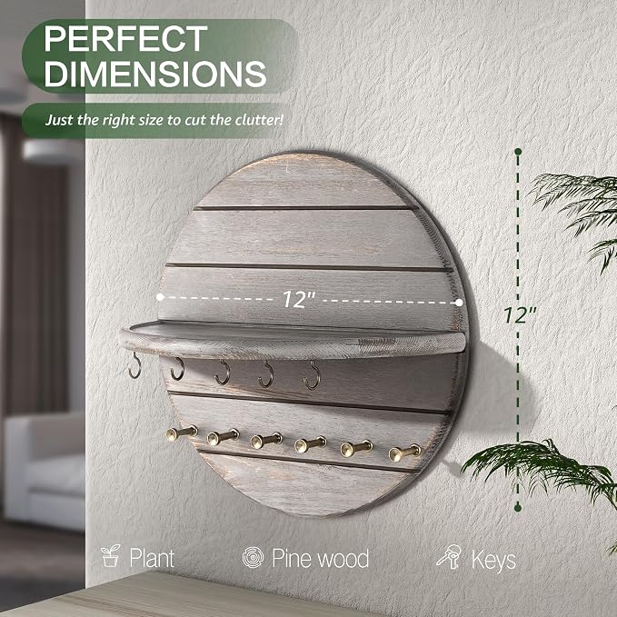 Rebee Vision Pine Wood Key Holder Wall Mount for Rustic Wall Decor, OldGray | Round Corner, Key Holder with Floating Shelf, Dual Hooks, Farmhouse Entryway Decor & Home Organizer, Home Finds
