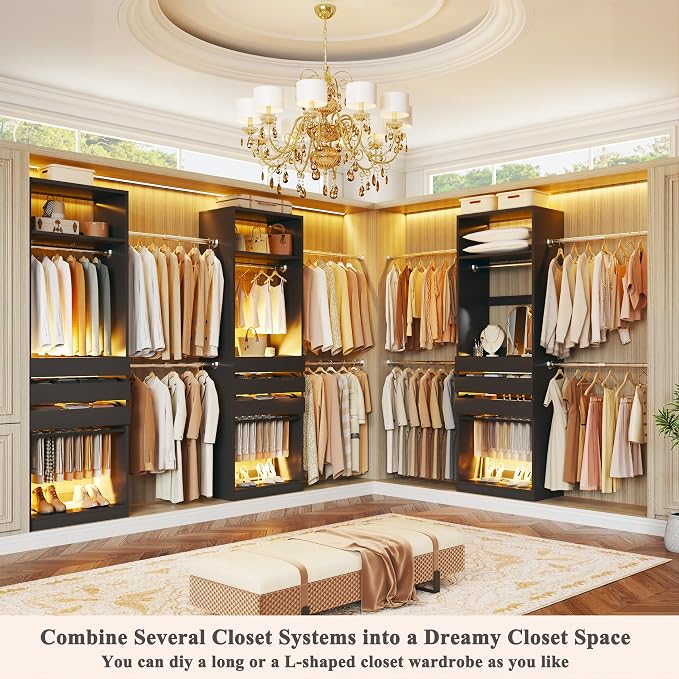 Closet System Set of 2, 5.7-10.4FT Closet Organizer System with 6 Wood Drawers & 2 LED Glasstop, Wood Walk-in Closet with 10 Hanging Rods & 2 Trouser Rack, Built-in Garment Rack with Shelves, Black