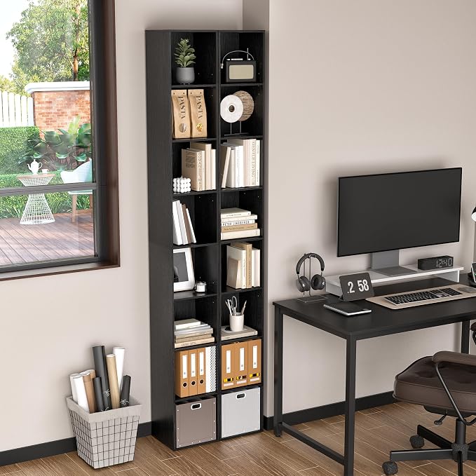 8-Cube Storage Organizer Bookcase, Tall Narrow Bookshelf for Home Office, Black