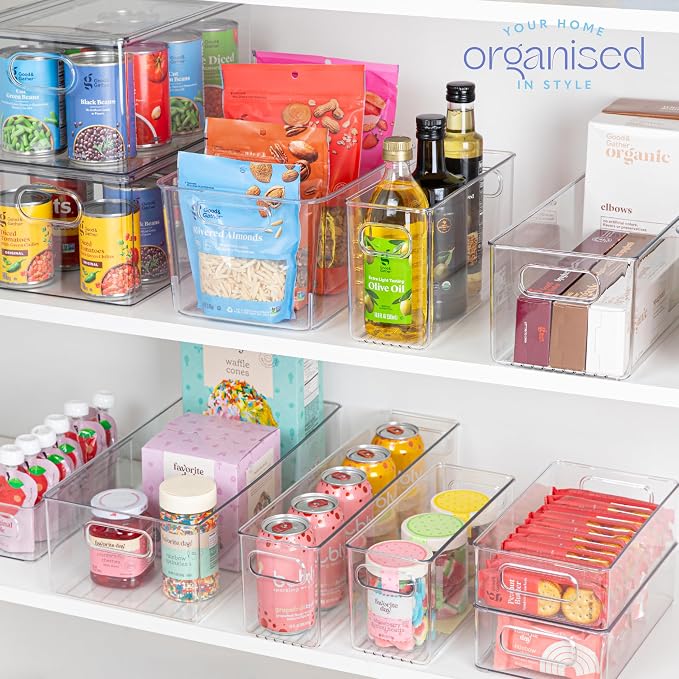 Plastic Food Storage 8 Pack Clear Container Bin with Handles for Organizing Kitchen, Pantry, Refrigerator, Freezer, Pantry, Cabinet, Closet, Bathroom. 16”x8”x5”