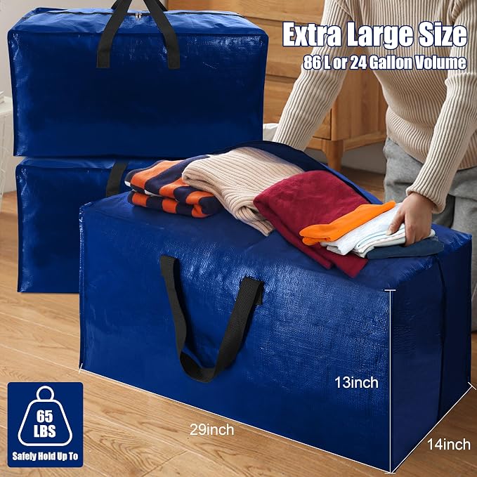 Cosy Family 12 Pack Heavy Duty Moving Bags with Backpack Straps - Strong Handles & Zippers, Storage Totes For Space Saving, Fold Flat, Alternative to Moving Box (X-Large-Set of 12, Blue)