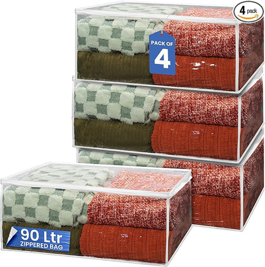 Handy Laundry Blanket Storage Bags - 90 L, Pack Of 4, Zippered Large Clear Plastic Storage Bag, Shield Your Quilt Blankets, Bedding & Clothes from Dust, Dirt & Moisture, Gliding Zipper for Easy Access