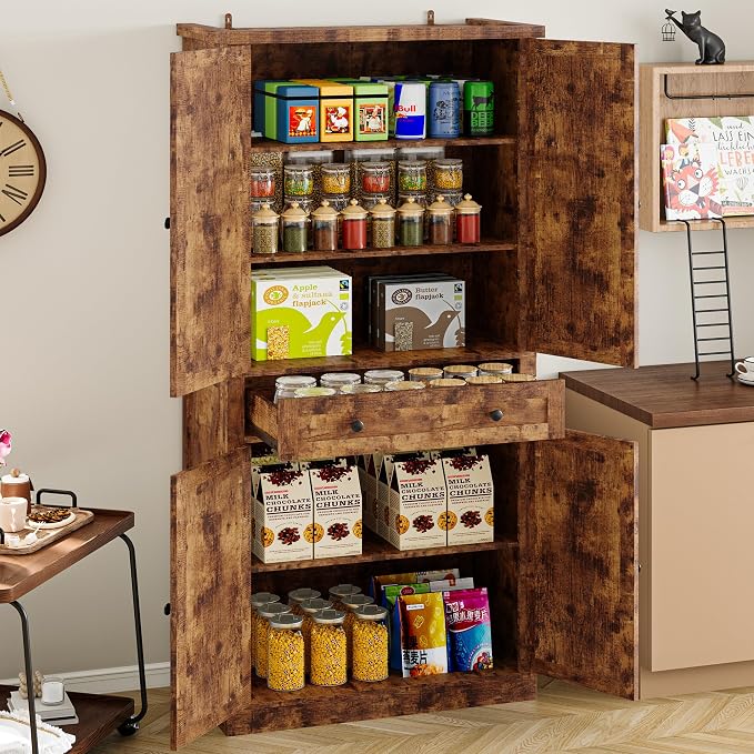 BORNOON Pantry Organizers and Storage Cabinet, 67.71” Barn Door White Kitchen Cabinet with Drawers and Adjustable Shelf, Tall Pantry for Kitchen, Dining Room, Living Room
