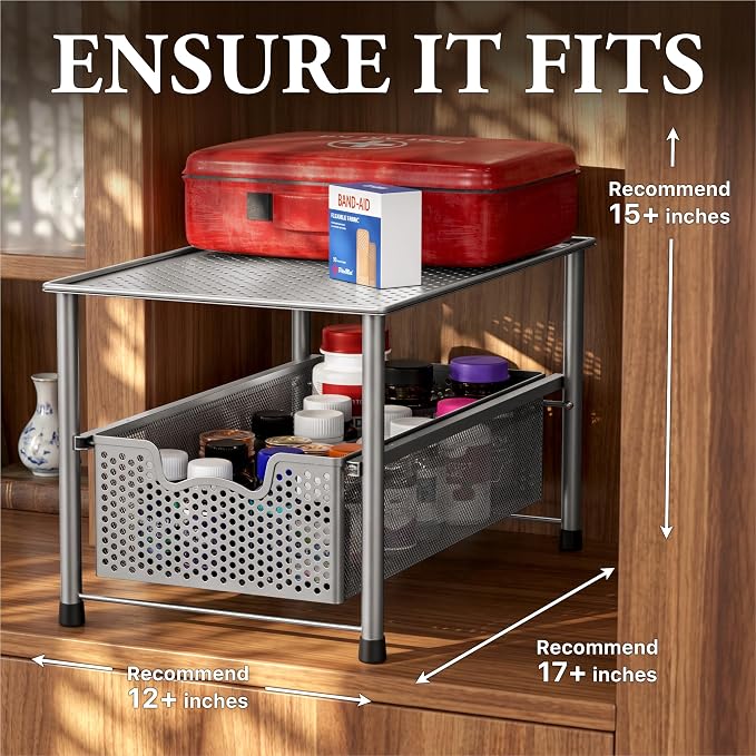 Simple Houseware Stackable Under Sink Sliding Basket Drawer, Silver | Perforated Free Standing Organizer, Kitchen/Pantry/Cabinet/Counter