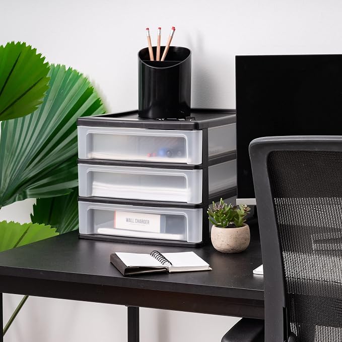 IRIS USA 3-Drawer Medium Plastic Stacking Desktop Organizer, Black | Organize office supplies, stationery, makeup, craft materials and everyday essentials for neat desktop storage