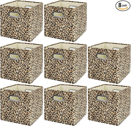 ANMINY Leopard Cheetah Print Storage Cubes Bins, Velvet, Brown, 13Inch 8PCS | Collapsible & Washable, PP Board Frame, Built-in Metal Handles, Animal Themed Fabric Cubes Baskets for Closet Shelves Decor