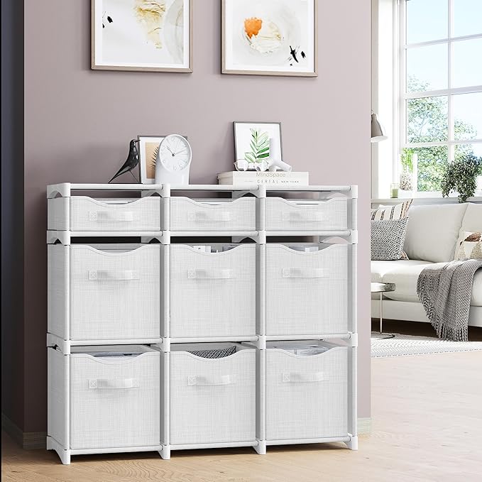 Cube Storage Organizer with Storage Bins Included - The Perfect Closet Organizers and Storage Solution. Includes 9 Storage Cubes, Great For Toy Storage, Closet Storage, Clothes Storage (White-Grey)