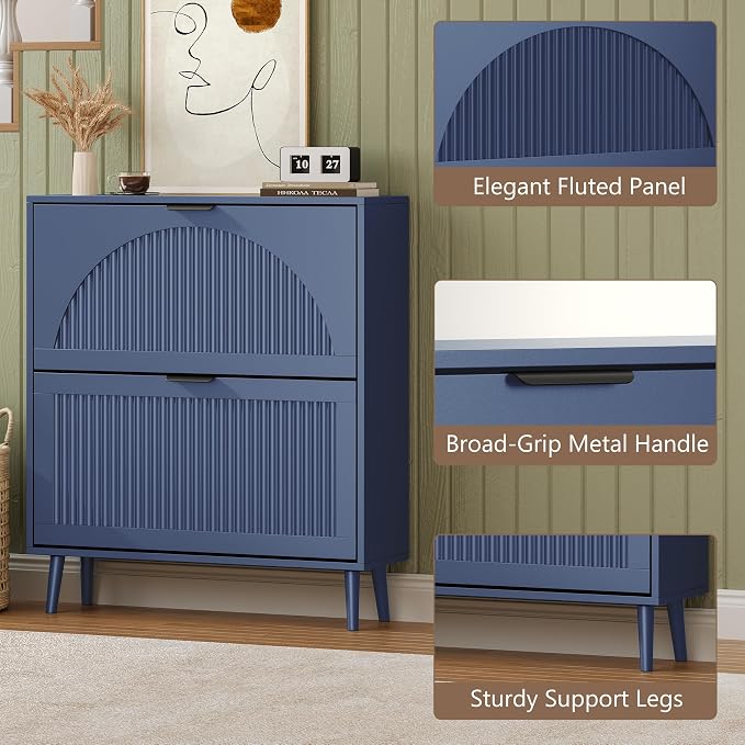 BORNOON Shoe Cabinet for Entryway with 2 Flip Drawers, Slim Wooden Shoe Storage Organizer with Modern Fluted Pannel，Freestanding Narrow Hidden Shoe Rack for Hallway, Foyer, Living Room