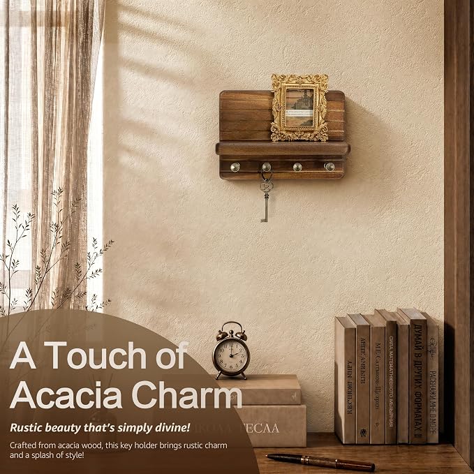 Rebee Vision Acacia Wood Key Holder Wall Mount with Shelf, Key Hooks, Brown | Small Key Holder, 4 Key Hooks, Floating Shelf, Mail Organizer, Compact Storage, Practical Daily Use, Apartment Essential