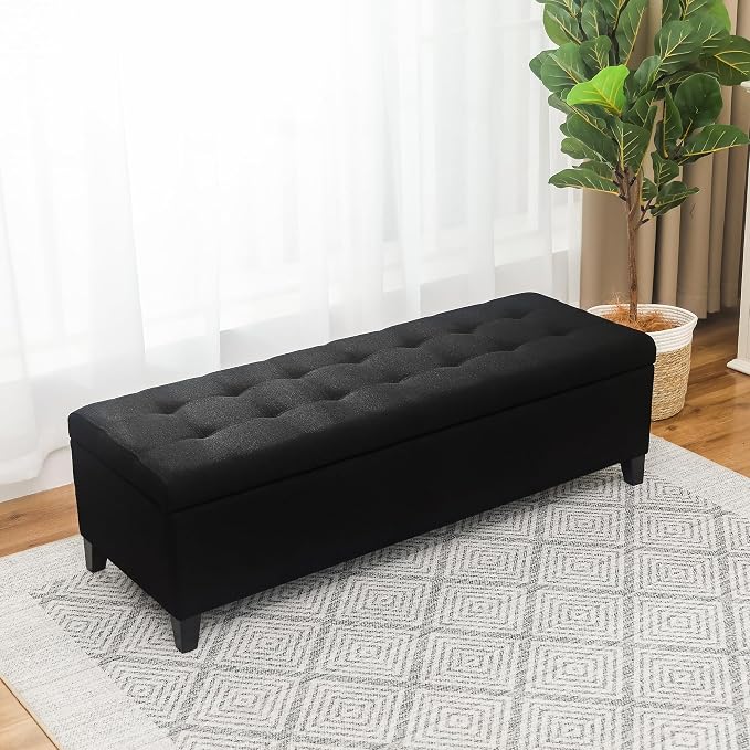 Joveco Storage Ottoman Bench, 51" Linen Rectangle Long Bench, for Bedroom, End Foot of Bed, Living Room, Entryway, Linen Black