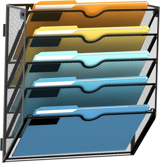 5-Tier Hanging Wall File Organizer with Hooks for Office Organization | Mesh Wall File Holder, Mail Organizer Wall Mounted for Papers, Documents, Folders and Magazines in Home Office, Classroom