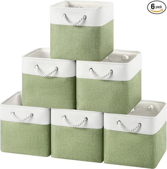 12x12 Inch Fabric Cube Storage Bins with Cotton Rope Handle 6-Pack | Top Support of Metal Frame, Bottom with Cardboard Support, Foldable Storage Bins for Closet, Bedroom, White Green