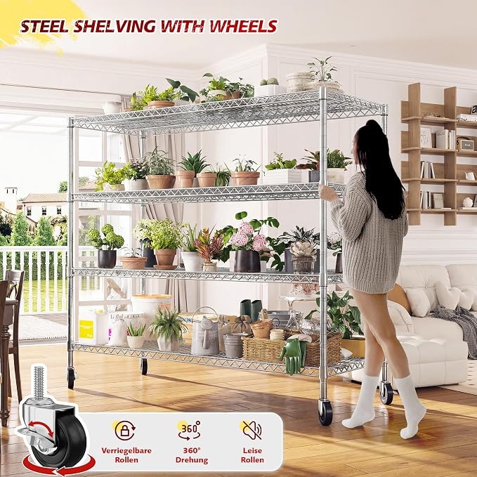 REIBII 55.5''W Storage Shelves 2500LBS Wire Shelving Unit with Wheels Heavy Duty Metal Shelves for Storage Adjustable Garage Storage Rack Pantry Shelf Kitchen Shelving, 75.6" H X 55.5''W X 24" D, 4PCS