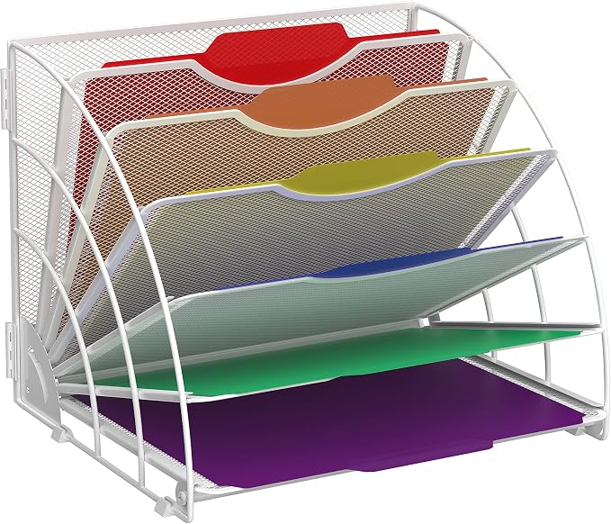 Fan Shaped Desk File Organizer, Paper File Holder for Desk, White | Metal mesh frame, tiered open design for easy access, organizes papers, folders and books for offices, schools and classrooms