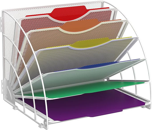 Fan Shaped Desk File Organizer, Paper File Holder for Desk, White | Metal mesh frame, tiered open design for easy access, organizes papers, folders and books for offices, schools and classrooms