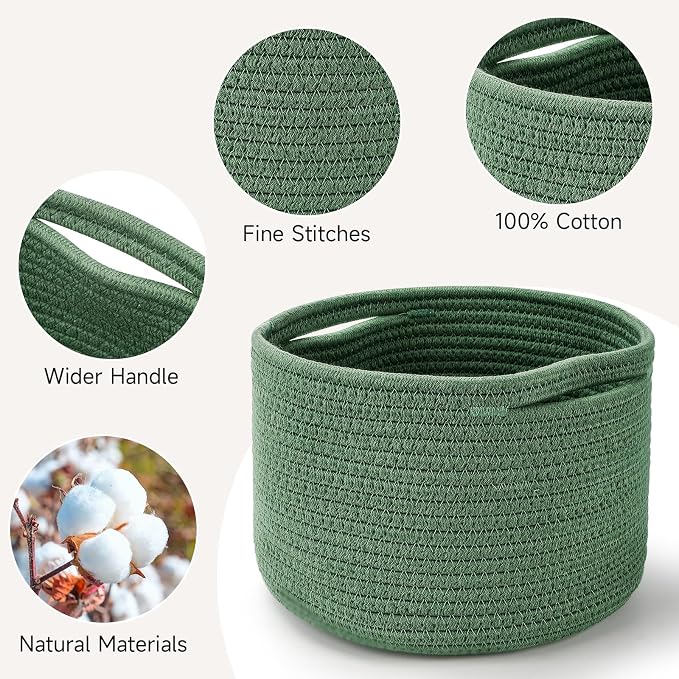 3 Pack Small Rope Storage Baskets, 9.82×9.82×7.1", Green | Cotton Basket for Gifts Empty, Cute Round Woven Basket, Decorative Shelf Basket Organizer, Organizing Basket for Shelves