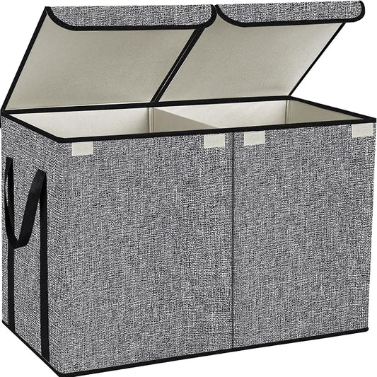 YOLOXO Large Kids Toy Box Chest Storage organizer with Double Flip-Top Lid - Collapsible Sturdy Toy Organizers And Storage Bins With Big Handles For Nursery, Playroom, 26.8"x13.8"x16"(Grey)