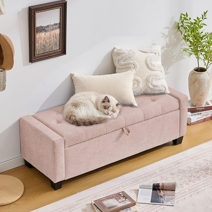 Huatean Home 43" Ottoman with Storage, Pink Storage Ottoman Bench | Upholstered Entryway Bench with Seating for Bedroom, Living Room with Safety Hinge, Holds up to 330 lb
