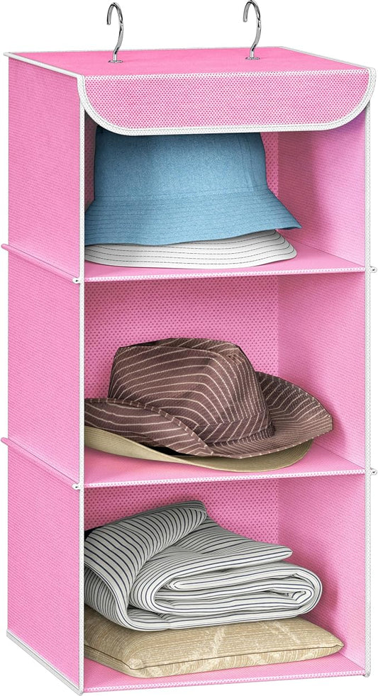 Simple Houseware 3 Shelf Hanging Closet Organizer, Pink | 360° Rotating Dual Hooks, Top Support Metal Frame