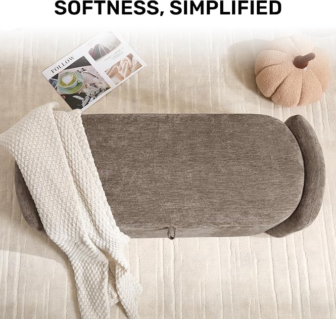 Oval Ottoman Bench with 20 Gal of Storage Space Upholstered Chenille Seat End of Bed Storage Bench Storage Ottoman with Storage for Bedroom, Living Room, Entryway, Window(Light Brown)