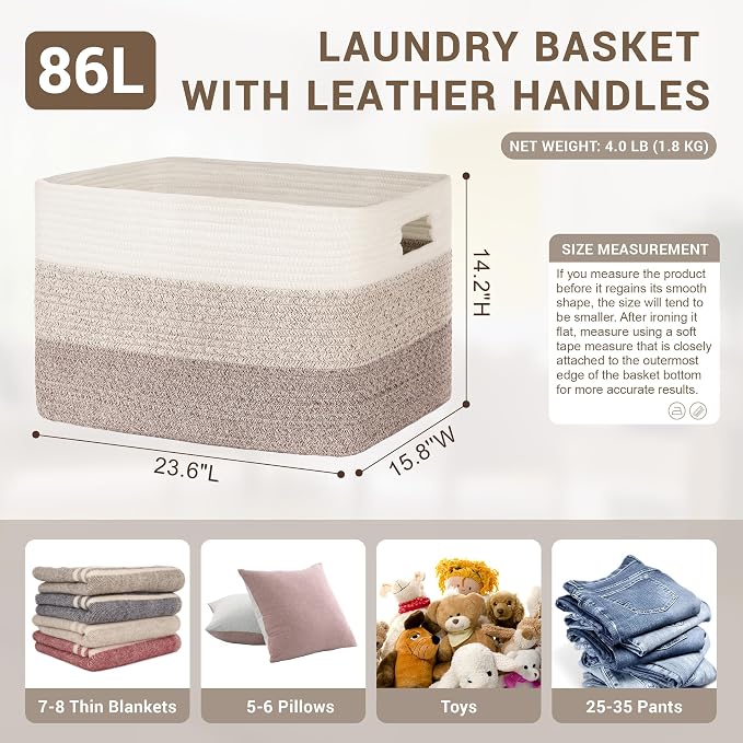 86L Large Woven Laundry Basket Hamper with Handles, Gradient Brown | collapsible wicker hamper, storage for dirty clothes, toys, blankets, gifts, living room, bedroom, bathroom, 24"x16"x14"