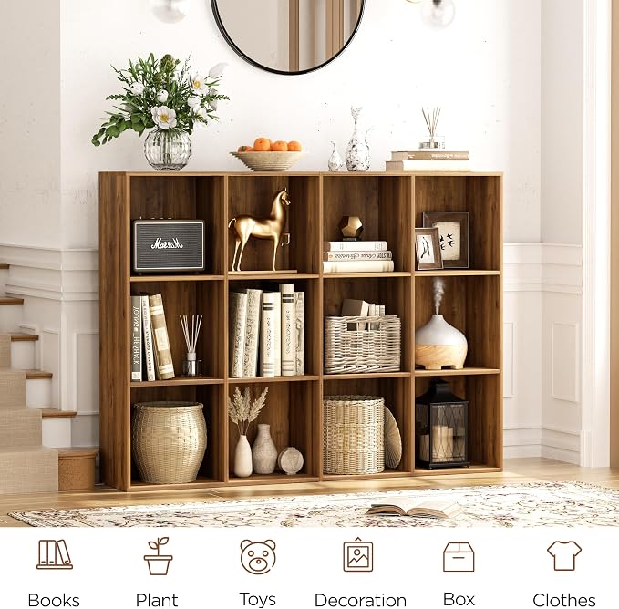 VDNEND Wooden Storage Organizer with Closed Back Panel, 11in Cube Shelf Opening, Bookshelf, Display Shelf,Closet Cabinet for Home and Office (Brown, 12-Cube 35.98L*9.45W*47.72H)