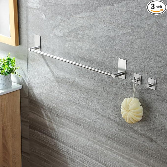Taozun Towel Bar - 24 Inch Towel Holder with 2 Packs Adhesive Hooks | Hand Towel Rack Stick on Wall, Stainless Steel Bathroom Hardware Accessory Kit