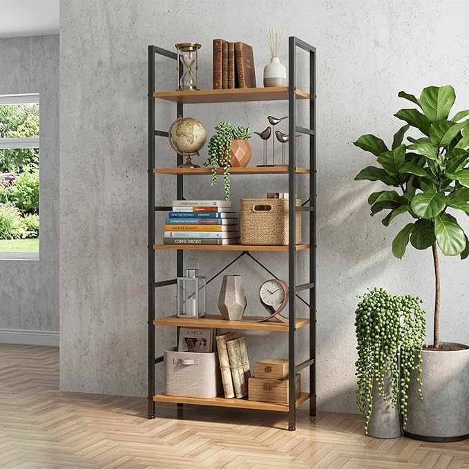 HealSmart 5 Tier Bookshelf, Free Standing Book Shelf Home Office Bookcase Shelf Storage Organizer for Bedroom, Bathroom, Living Room, Office, Balcony, Wood
