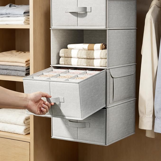 Vailando 6-Shelf Hanging Closet Organizer with 3 Drawers, Closet Hanging Shelves with Removable Fabric Drawers for Wardrobe, Nursery & Dorm Storage, Silver Gray