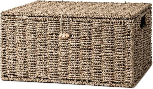 StorageWorks Seagrass Wicker Baskets for Organizing, Large Wicker Basket with Lid, Decorative Basket with Built-in Handles, Storage Baskets for Shelves, 1 Pack