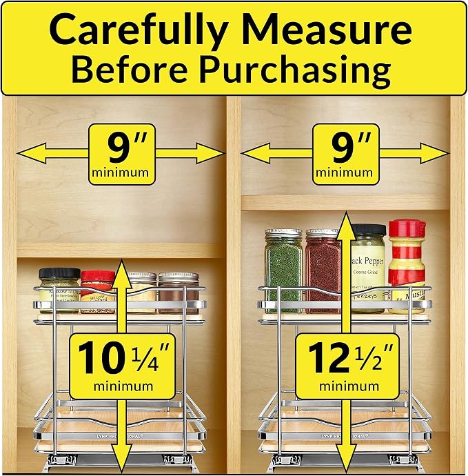 LYNK PROFESSIONAL® Élite™ Pull Out Spice Organization for Cabinets - 8-3/8 inch Wide – Spice Rack for Inside Cabinets – Wood/Chrome - Sliding Spice Rack Organizer for cabinet – Spice Rack - 2 Tier