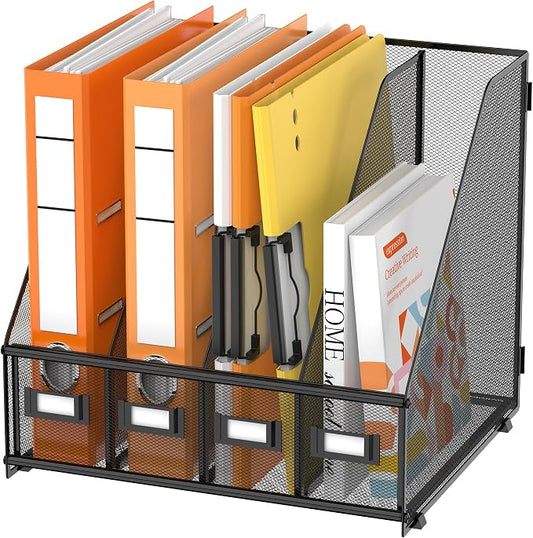 DALTACK 4-Slot Magazine File Holder, Metal Binder Holder, Black | Iron Mesh Construction, Labeled Sections for Easy Sorting, Anti-Slip Feet, Binder and Folder Storage for Office, Classroom