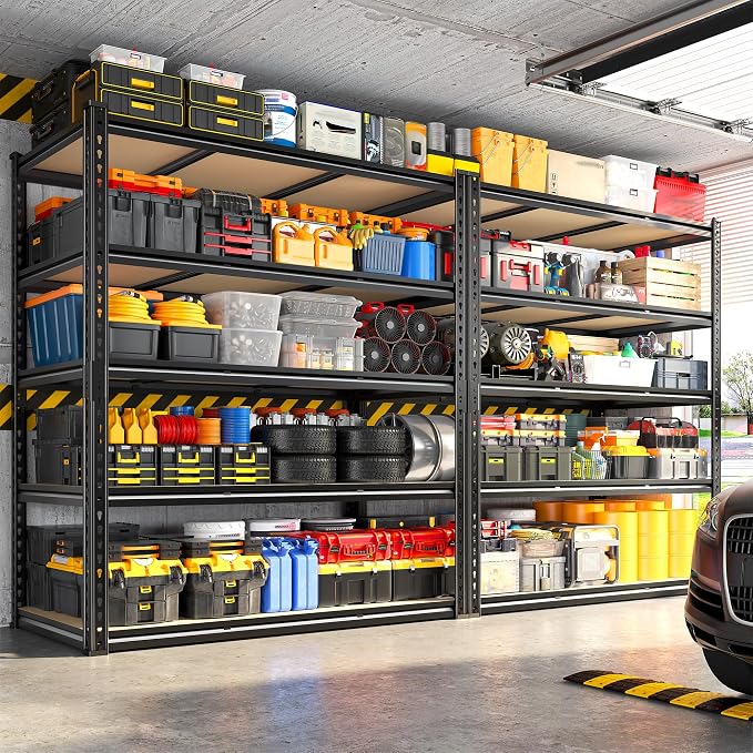 REIBII 48" W Garage Shelving 3080LBS Storage Shelves 5 Tier Industrial Shelving Adjustable Metal Storage Shelves for Garage, Basement, Warehouse, Commercial, Easy Assemble, 48" W x 72" H x 24" D, 3PC