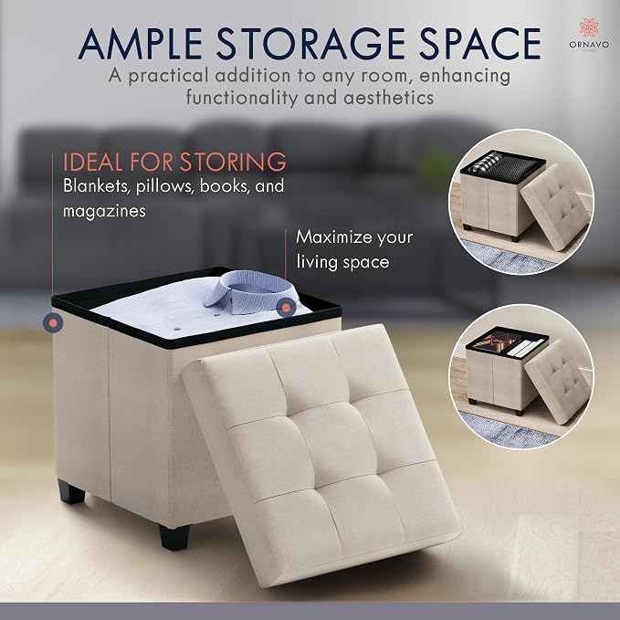 Ornavo Home Square Cube Storage Ottoman with Legs, 15x15x15, Beige | Foot Rest Stool Seat; Holds Up to 600 lbs; Ideal for Living Room, Bedroom, Home Office or Dorm
