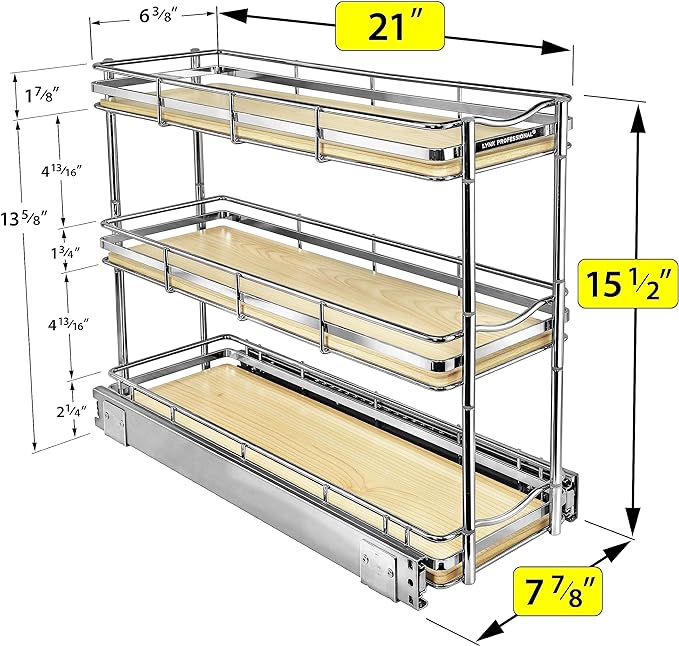 LYNK PROFESSIONAL® Élite™ Pull Out Spice Rack Organizer for Inside Kitchen Cabinets - 6" x 21" - Slide Out Drawer – Wood/Chrome Sliding Spice Organization for cabinet - Spice Racks - 6 Tier