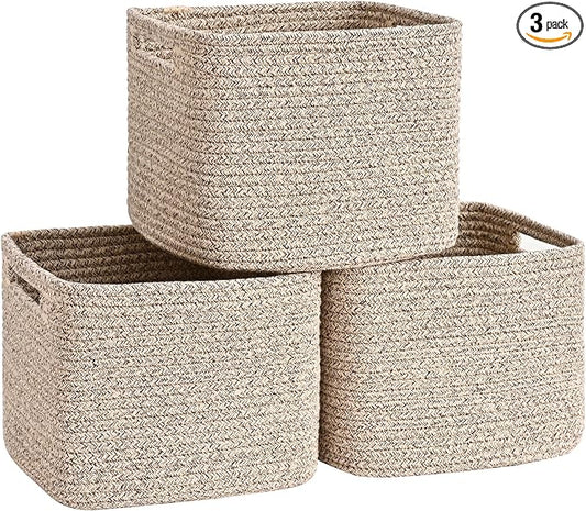3 Pack Cube Storage Bin, 9”x9”x7” Cotton Rope Woven Baskets for Organizing Toys Clothes Towels, Square Gift Storage Baskets for Shelves, Nursery, Closet, Bathroom, Pantry (Jute)