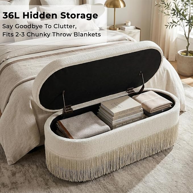39.4“ Boho Storage Ottoman Bench with Tassels,Upholstered End of Bed Bench | Linen Oval Ottoman with Storage, Entryway Foot Rest for Bedroom, Lift-Top Lid with Safety Hinge, Living Room, Beige