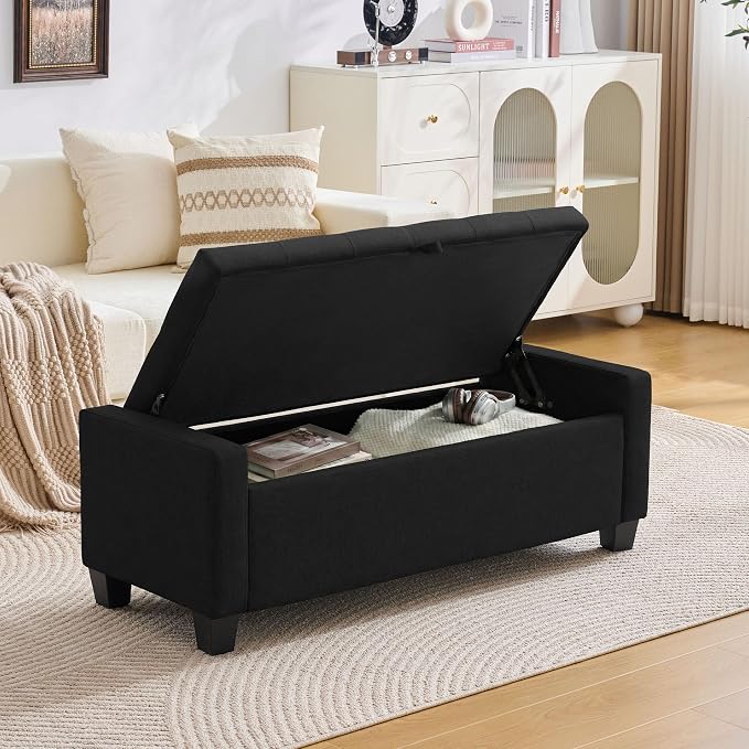 Huatean Home 43" Ottoman with Storage, Black Storage Ottoman Bench | Upholstered Entryway Bench with Seating for Bedroom, Living Room with Safety Hinge, Holds up to 330 lb
