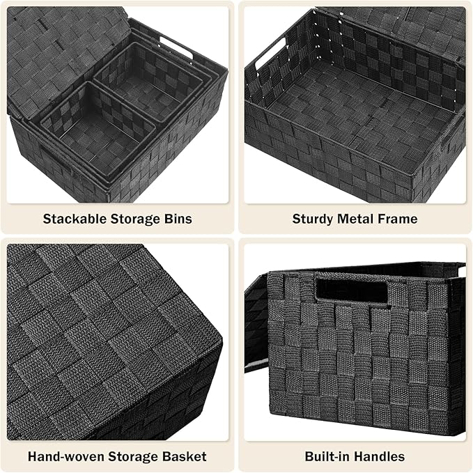 Storage Baskets with Lids: 5 Pack Stackable Woven Storage Bins, Black | Decorative Woven Baskets for Organizing with Built-In Handles for Shelves, Closets, Cabinets and Cubbies, Gift Small Basket