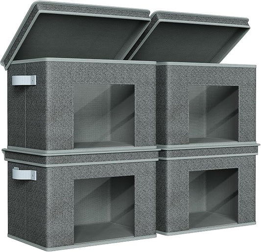 Univivi Fabric Storage Bins with Lids for Closet, 4 Pack, Black | Large Foldable Storage Boxes, Sturdy Collapsible Storage Bins with Clear Window, Storage Bins for Home, Closet, Shelves
