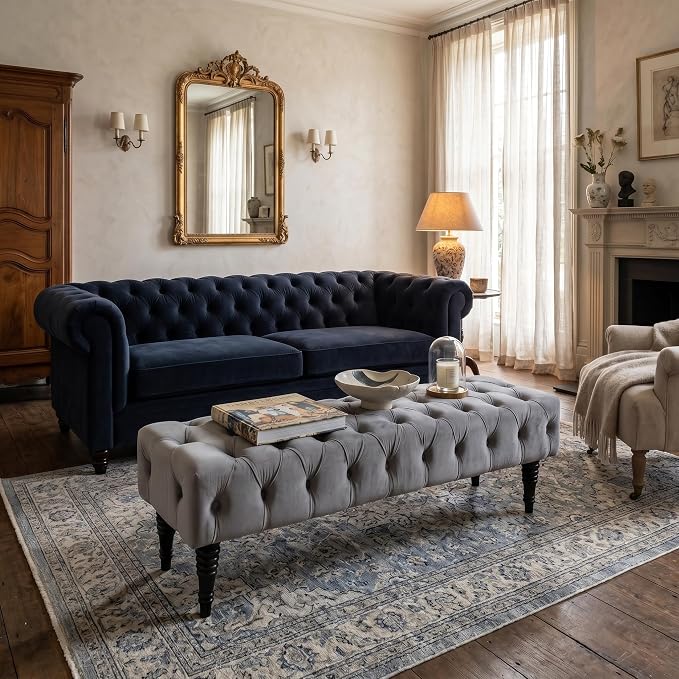 60" Accent Bench, Upholstered Tufted Ottoman Bench French Vintage Entryway Bench Corduroy Padded Benches for Entryway, Dining Room, Foyer, Living Room, Bedroom, Grey