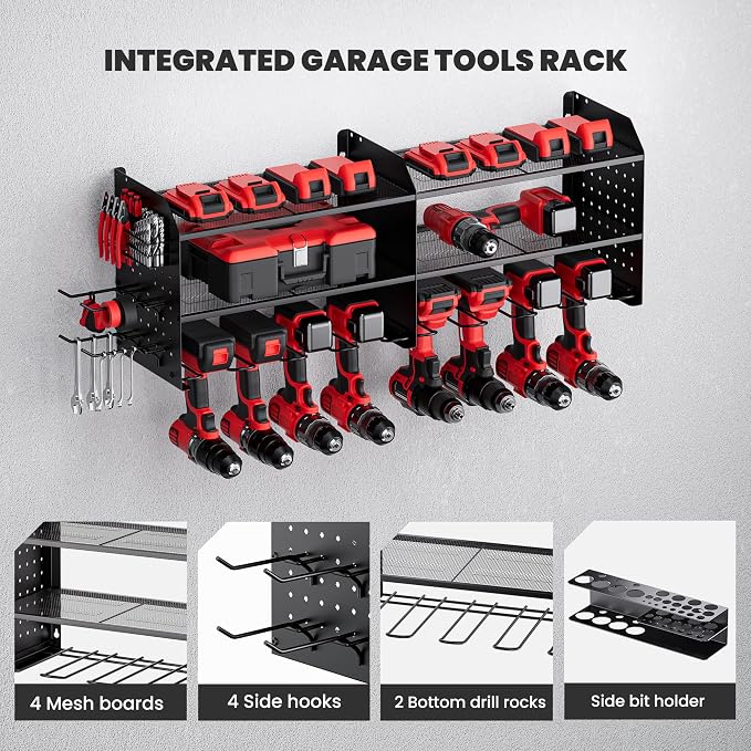 TRZZ 2-in-1 Power Tool Organizer Wall Mount, 3-Layer Tool Rack, Black | 8 Drill Holders, 4 Hooks, 1 Drill Bit Rack, 2 Side Pegboards, Efficient Tool Storage, for Garage, Workshop, Tool Room