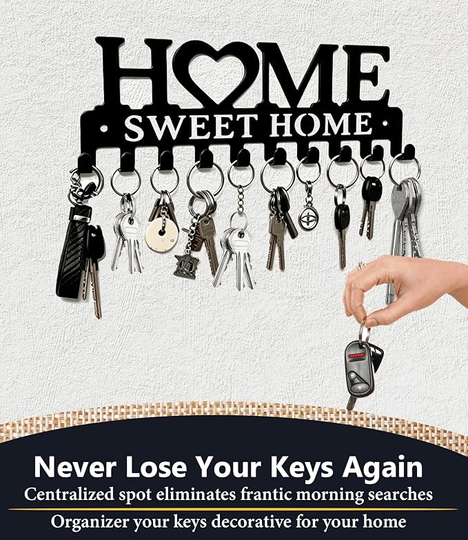 Key Holder Hooks Organizer Hanger Rack Wall Mounted Sweet Home Metal Decor Stylish and Practical for Entryway Front Door Kitchen Hallway Garage Mudroom Office Hardward Included Black (Sweet 10 Hooks)
