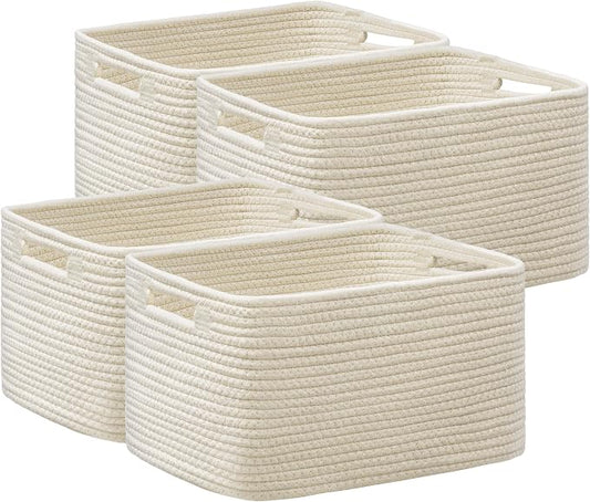 4 Pack Storage Baskets for Organizing, Woven Baskets for Shelves, Beige | 13"Lx9"Wx7.5"H, Woven Basket, Cotton Rope Basket, Toy Storage, Cube Shelf, Gift Baskets Empty, Home Decor