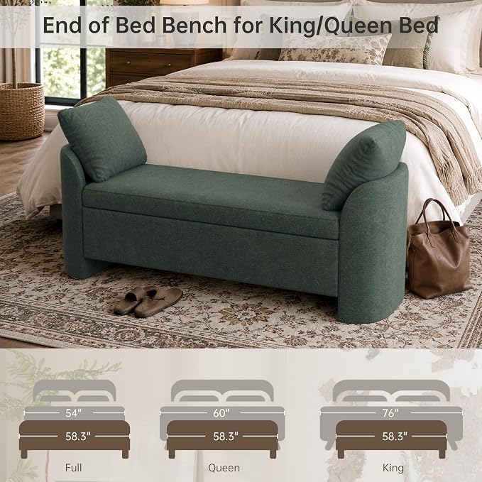 Usaint 58.3" Upholstered Storage Ottoman Bench with 2 Throw Pillows, Green | End of Bed Bench with Curved Arms and Thickened Seat Cushion for Bedroom, Livingroom, Window, Entryway and Dressing Areas