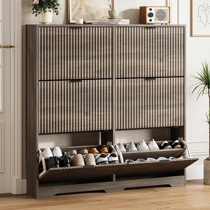 HUANLEGO Shoe Cabinet Storage for Entryway with 6 Flip Drawers, Grey Fluted Shoe Cabinet with Adjustable Shelves, Wooden Hidden Shoe Rack Freestanding Narrow Slim Shoes Storage for Hallway, Entrance