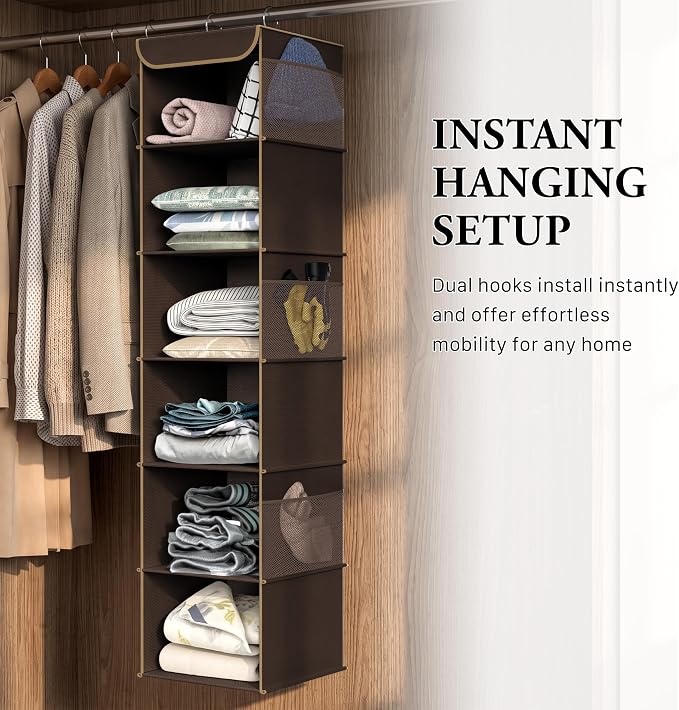 Simple Houseware 6 Shelf Hanging Closet Organizer, Brown | 360° Rotating Dual Hooks, Top Support Metal Frame, 6 Side Mesh Pockets