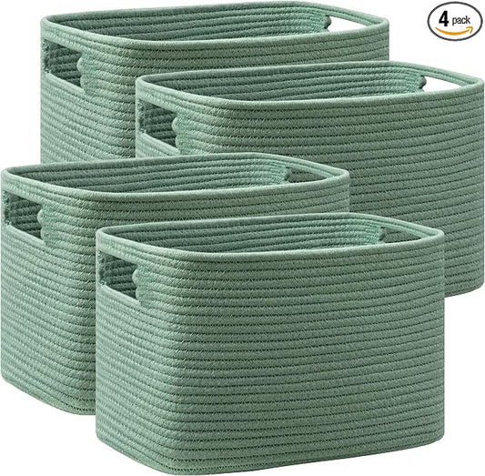 4 Pack Storage Baskets for Organizing, Shelf Baskets with Handles, Green | 14.5"Lx9.8"Wx9"H, Woven Basket, Cotton Rope Basket, Toy Storage, Cube Shelf, Gift Baskets Empty, Home Decor