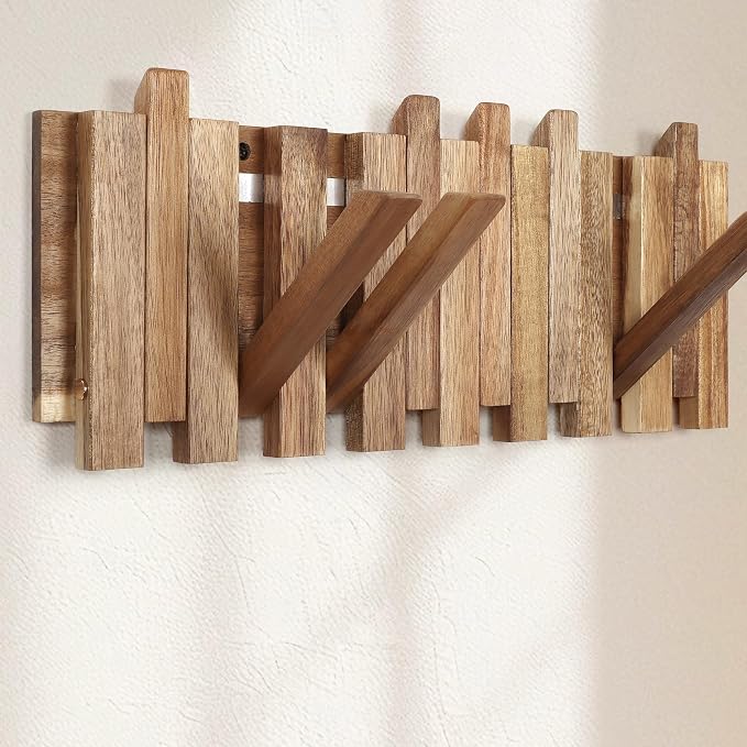 Wall Coat Rack for Entryway: Folding Wood Rustic 8 Hooks | 16.5inch Piano Hanger for Small Space Bathroom Hallway for Towel Backpack Jacket - Farmhouse Design Decor (Staggered Style)