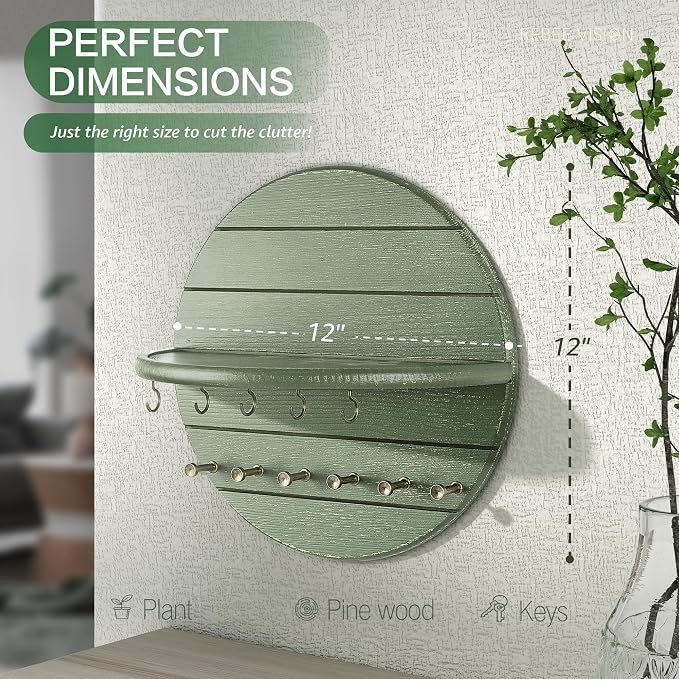 Rebee Vision Round Key Holder Wall Mount with 11 Hooks for Hallway, Green | Pine Wood, Round Corner, 2 Kinds of Key Hooks, Plant & Mail Display, Rustic Home Essentials, Entryway Wall Decor